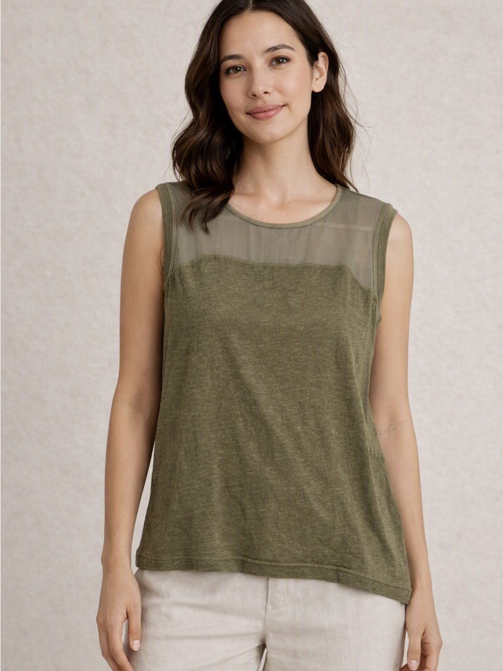 Amadi Olive NWT Mesh Panel Sleeveless Top XS Modern Minimalist Lightweight